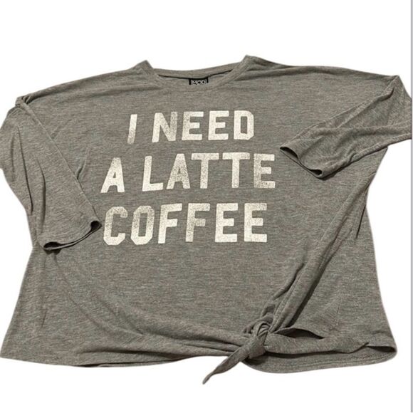 Modern lux size small distressed grey “I need a latte coffee” tie front top EUC - Picture 1 of 9